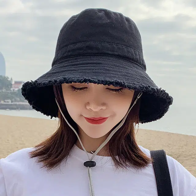 浪莎 春夏时尚百搭黑色牛仔毛边大帽檐遮阳防晒防紫外线 聚酯纤维锦纶 渔夫帽 男女同款情侣款