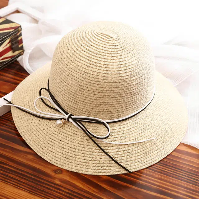 浪莎 春夏季卡其色编织时尚透气蝴蝶结大帽檐防晒防紫外线 纤维素聚酯纤维 遮阳帽太阳帽沙滩帽 女款