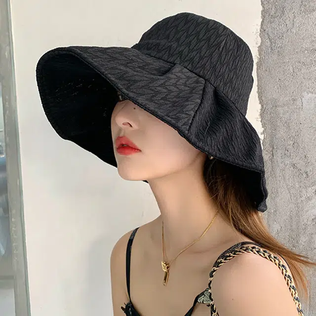 浪莎 夏季黑色时尚小众褶皱大帽檐遮阳防晒防紫外线 锦纶氨纶 太阳帽渔夫帽 男女同款情侣款