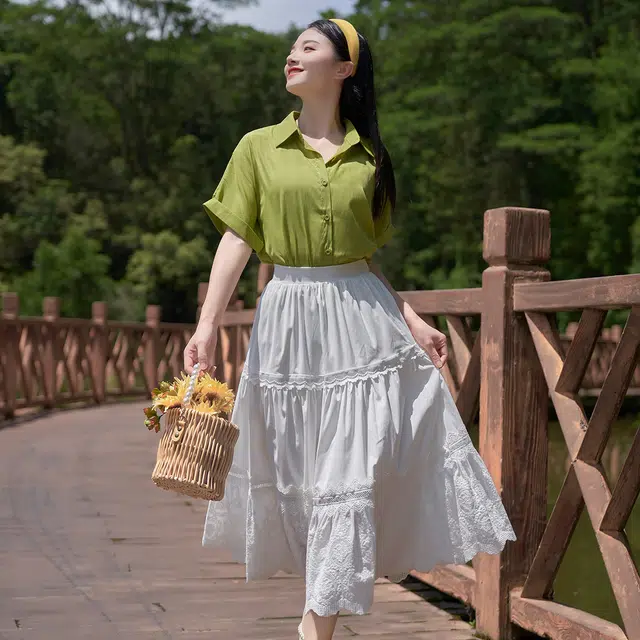 浪莎 纯色简约翻领短袖衬衫 女款 深绿色