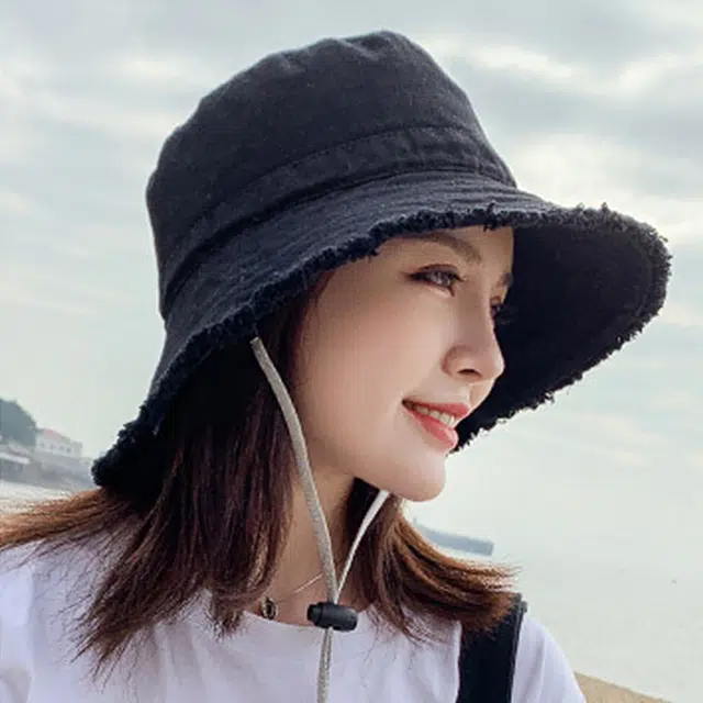 浪莎 春夏时尚百搭黑色牛仔毛边大帽檐遮阳防晒防紫外线 聚酯纤维锦纶 渔夫帽 男女同款情侣款