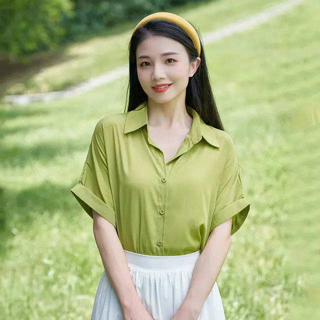 浪莎 纯色简约翻领短袖衬衫 女款 深绿色