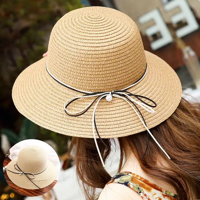浪莎 春夏季卡其色编织时尚透气蝴蝶结大帽檐防晒防紫外线 纤维素聚酯纤维 遮阳帽太阳帽沙滩帽 女款