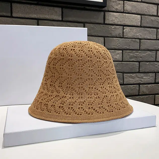浪莎 夏季薄款卡其色双层盆帽编织镂空防晒透气 聚酯纤维 渔夫帽水桶帽盆帽 男女同款情侣款