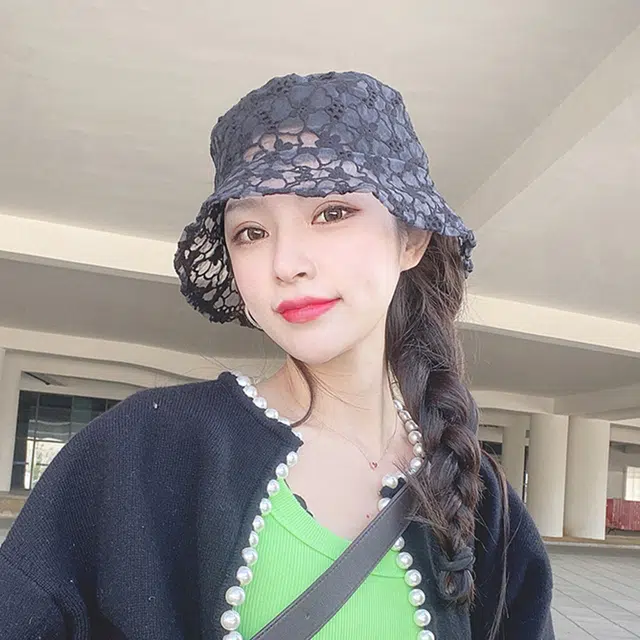 浪莎 夏季黑色时尚小众设计复古薄款蕾丝透气遮阳防晒 聚酯纤维 遮阳帽渔夫帽 女款