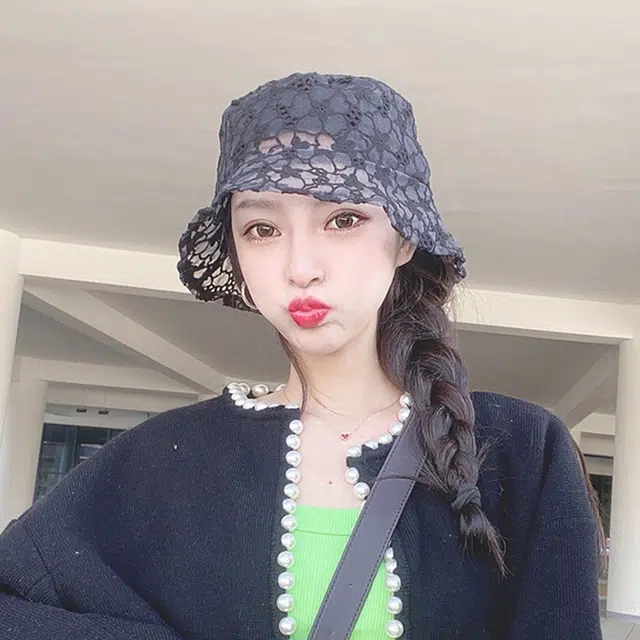浪莎 夏季黑色时尚小众设计复古薄款蕾丝透气遮阳防晒 聚酯纤维 遮阳帽渔夫帽 女款