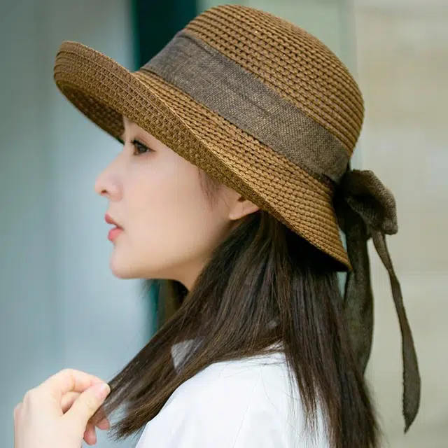 浪莎 春夏深咖啡色蝴蝶结大帽檐防晒透气 聚酯纤维 草帽太阳帽 男女同款情侣款