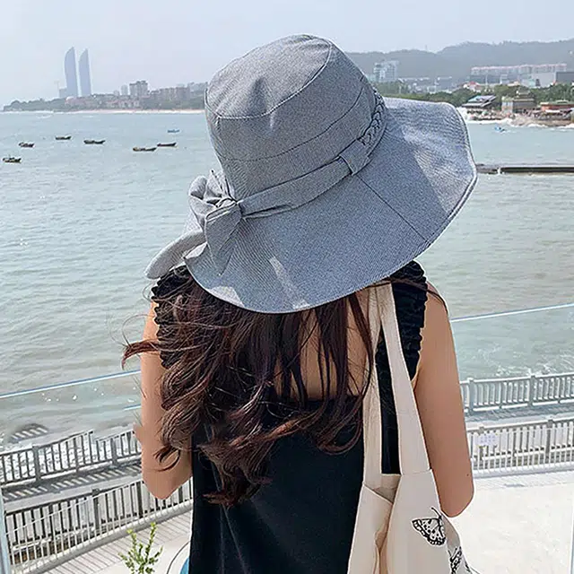 浪莎 女韩版百搭网红遮阳防晒太阳帽大檐帽子女春夏秋麻花蝴蝶结 聚酯纤维 渔夫帽 女款