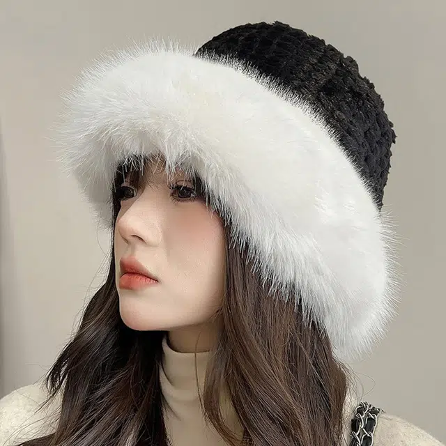 浪莎仿狐狸毛毛绒帽显脸小加厚冬季保暖渔夫帽大头围防寒盆帽