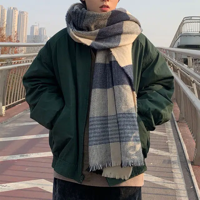 浪莎 冬季加厚保暖显白百搭围脖 克莱因蓝拼色条纹针织围巾 男女同款情侣款