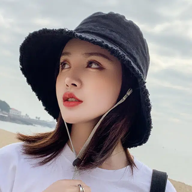 浪莎 春夏时尚百搭黑色牛仔毛边大帽檐遮阳防晒防紫外线 聚酯纤维锦纶 渔夫帽 男女同款情侣款