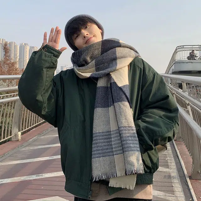浪莎 冬季加厚保暖显白百搭围脖 克莱因蓝拼色条纹针织围巾 男女同款情侣款
