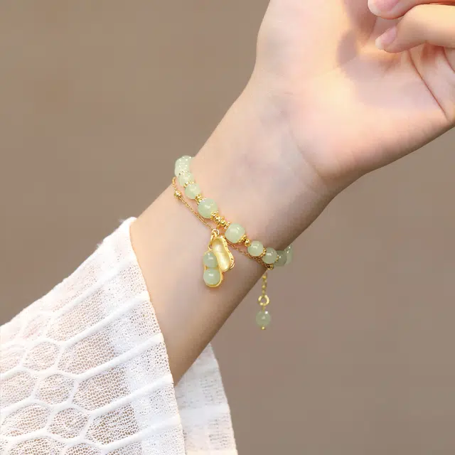 易明居 好事花生新中式双链叠戴手饰小众设计感本命年轻奢双链叠戴复古手饰 和田玉 手串 女款 青白玉 闺蜜朋友妈妈女神礼物