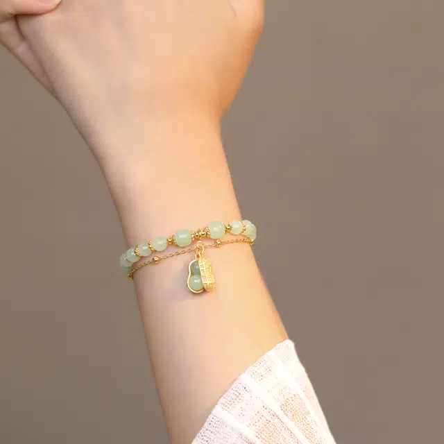 易明居 好事花生新中式双链叠戴手饰小众设计感本命年轻奢双链叠戴复古手饰 和田玉 手串 女款 青白玉 闺蜜朋友妈妈女神礼物