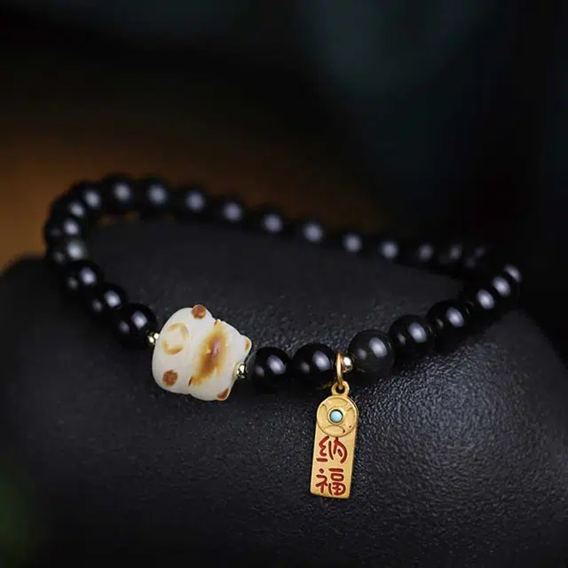 易明居 新中式国风招财猫 守护神 文玩佛珠 精致小众设计 猫爪福牌 黑曜石 手串 女款