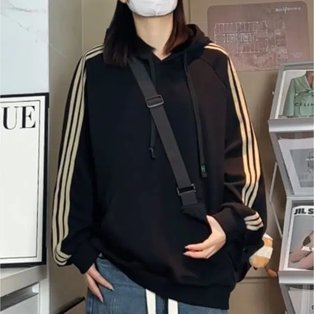 美式高街复古学院风三条杠拼接撞色休闲百搭宽松套头重磅连帽卫衣 男女同款