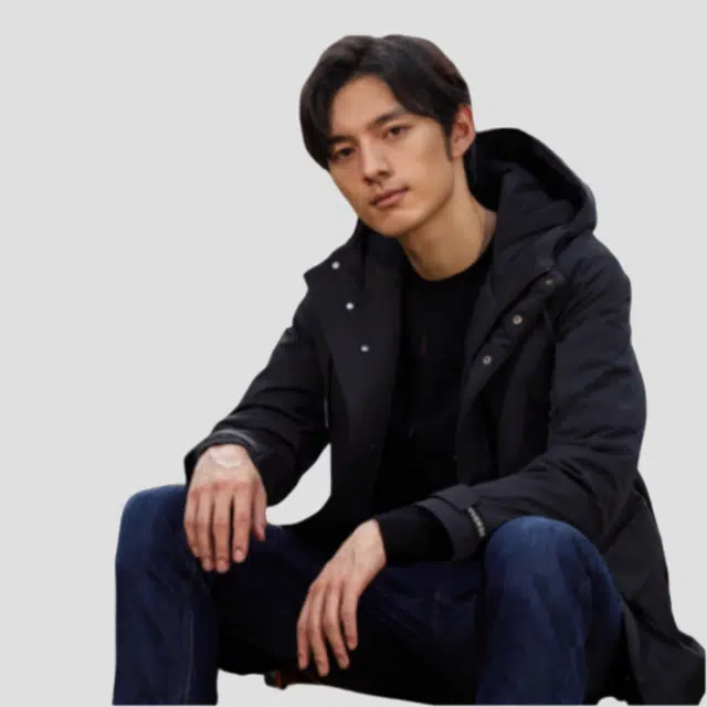 才子 连帽简约休闲纯色中长款加厚羽绒服 男款 黑色