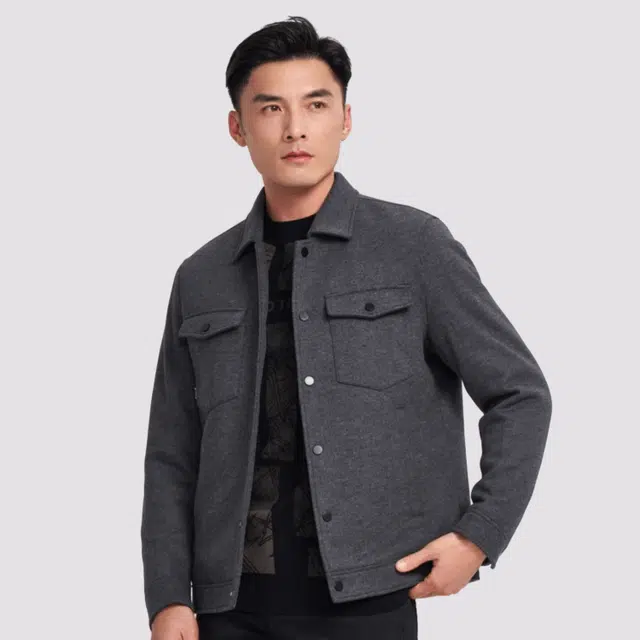 才子 纯色多口袋翻领修身单排扣棉服 男款 灰色