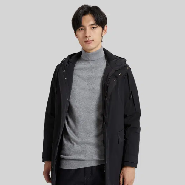才子 连帽简约休闲纯色中长款加厚羽绒服 男款 黑色