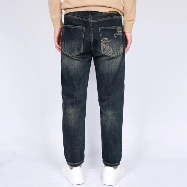 才子 图腾系列 五袋款龙纹刺绣磨毛保暖厚款水洗休闲牛仔裤 男款 深蓝色