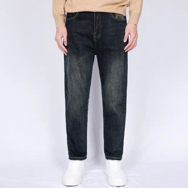 才子 图腾系列 五袋款龙纹刺绣磨毛保暖厚款水洗休闲牛仔裤 男款 深蓝色