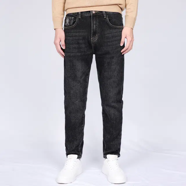 才子 元素刺绣磨毛微弹修身水洗耐磨拉链牛仔裤 男款 黑色