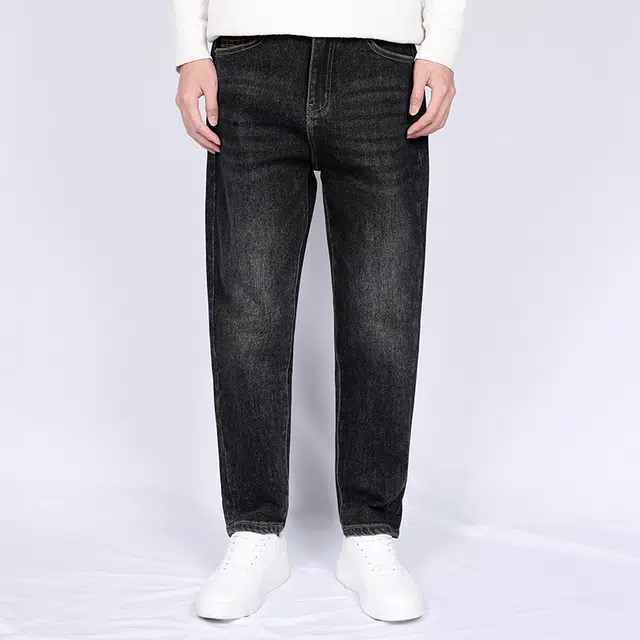 才子 绣花口袋镂空皮标磨毛保暖中腰小脚合身舒适牛仔裤 男款 黑灰色