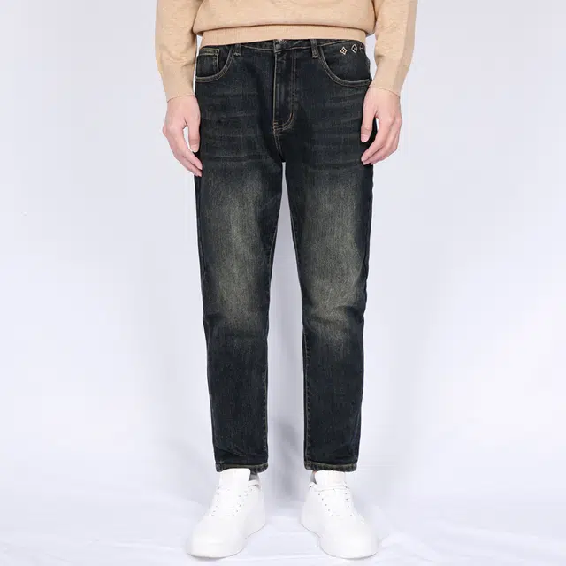 才子 复古水洗做旧磨白中腰耐磨牛仔裤 男款 深蓝色