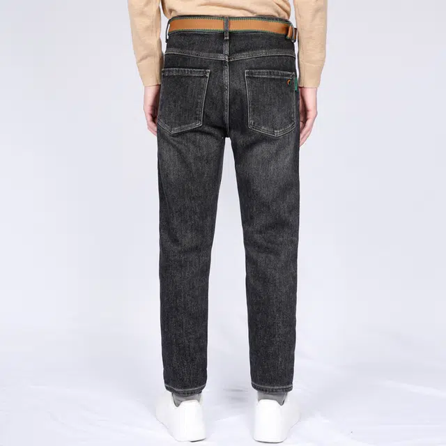才子 经典纯色复古水洗腰带束腰休闲小脚牛仔裤 男款 黑色