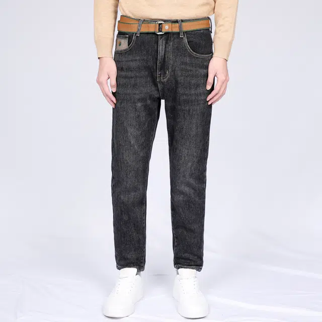 才子 经典纯色复古水洗腰带束腰休闲小脚牛仔裤 男款 黑色