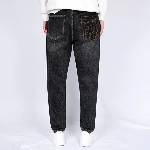 才子 绣花口袋镂空皮标磨毛保暖中腰小脚合身舒适牛仔裤 男款 黑灰色