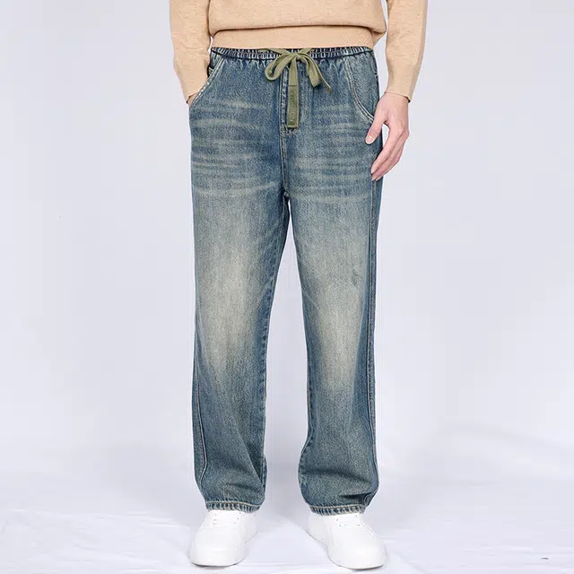 才子 复古水洗休闲直筒牛仔裤 男款 蓝色