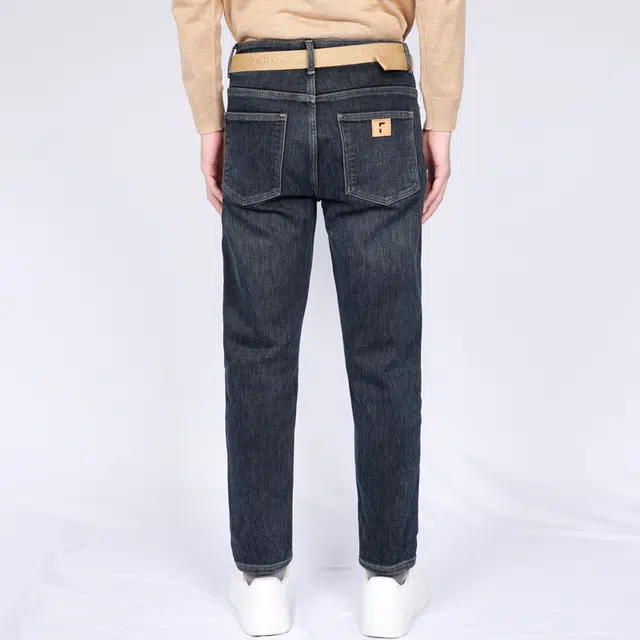 才子 复古水洗中腰五袋款个性拼接牛仔裤 男款 深蓝色