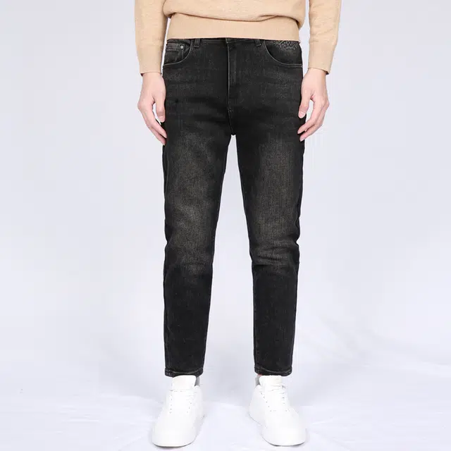 才子 图腾系列 龙纹立体压花保暖水洗经典复古弹力修身休闲牛仔裤 男款 黑色