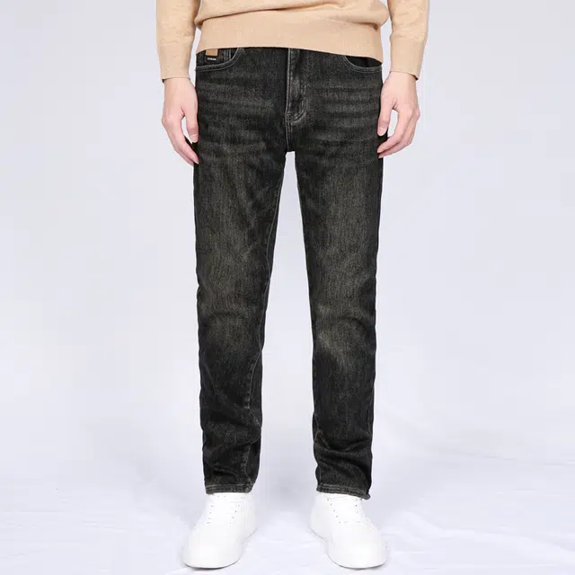 才子 磨毛保暖质感贴标复古水洗舒适柔软拉链牛仔裤 男款 黑色