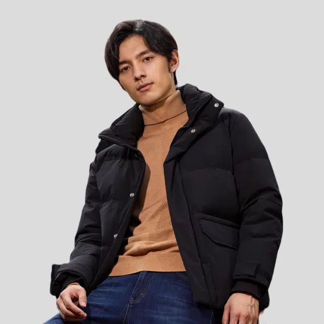 才子 白鸭绒加厚保暖短款立领纯色外套羽绒服 男款 黑色