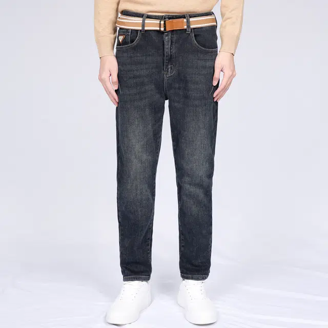 才子 复古水洗中腰五袋款个性拼接牛仔裤 男款 深蓝色