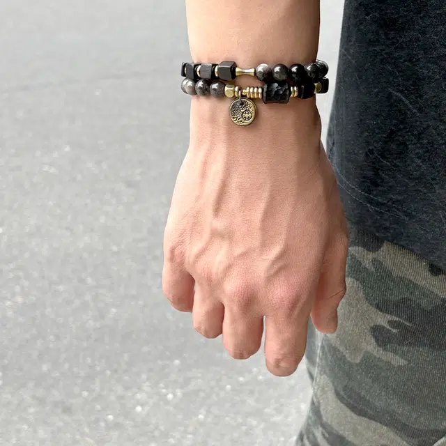 【高品质银曜石 | 檀木】 奥斯坦汀 新中式高级感双层转运串珠木质文玩#好运 黑曜石 手串 男款