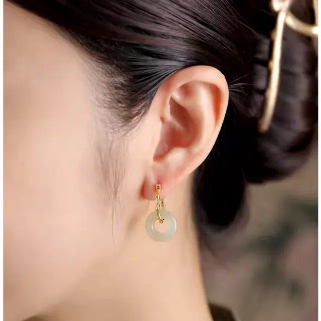 蒂尼诗 平安扣耳饰环环相扣古典竹中国风 和田玉 耳环 女款 白玉