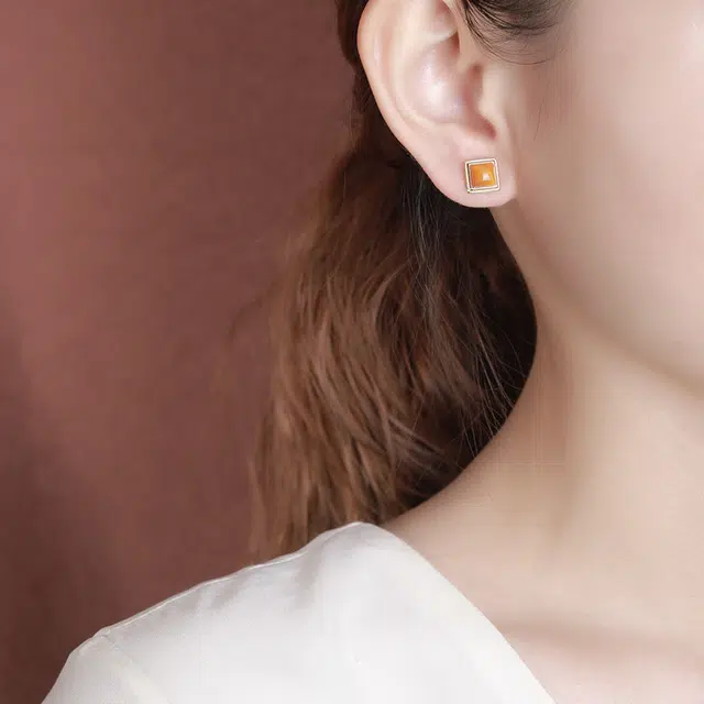 蒂尼诗 复古天然简约四方形银优雅温柔女耳饰 蜜蜡 耳钉 女款
