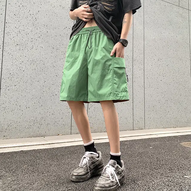 棉致 美式复古纯色系带基础简约休闲宽松户外透气凉感直筒工装短裤 男女同款 绿色