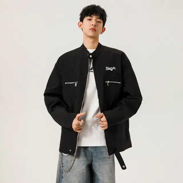 棉致 美式高街复古工装设计字母品牌艺术印花无性别主义日常通勤户外运动休闲宽松舒适轻便柔软亲肤经典百搭落肩长袖夹克 男女同款