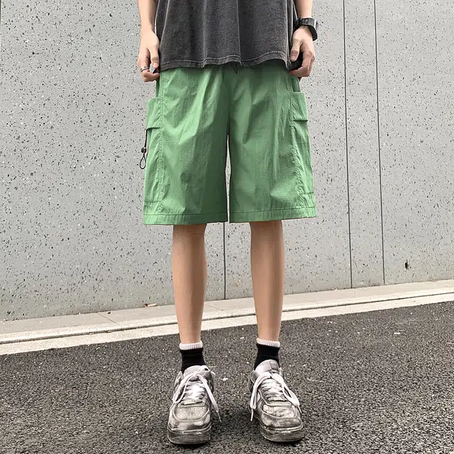 棉致 美式复古纯色系带基础简约休闲宽松户外透气凉感直筒工装短裤 男女同款 绿色
