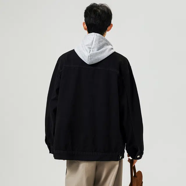 棉致 美式高街简约潮牌字母印花连帽假两件设计休闲宽松舒适轻便经典百搭日常通勤户外运动校园青春版松弛感长袖落肩牛仔夹克 男女同款