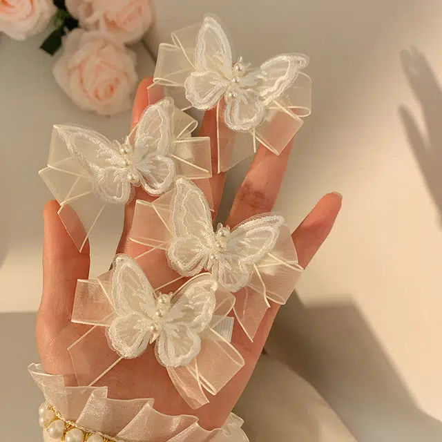 素 超仙白色蝴蝶森系仙美蝴蝶结侧边#好运 网纱 发夹 女款