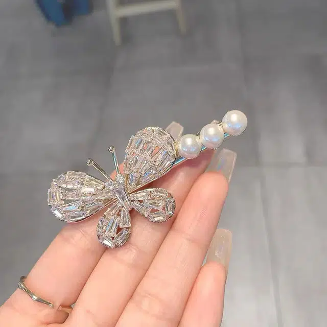素 仿珍珠蝴蝶鸭嘴夏季高级感刘海侧边夹 锆石 发夹 女款