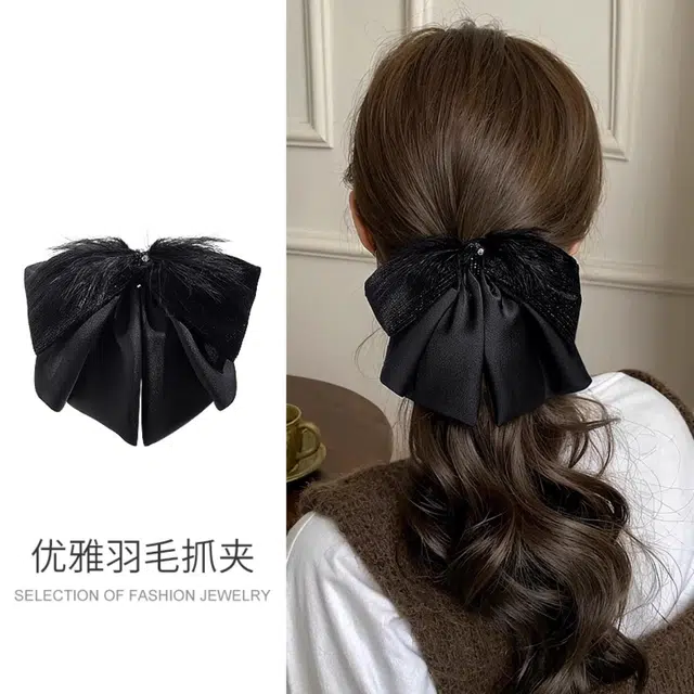 素 羽毛丝绒双层蝴蝶结抓夹优雅大气马尾夹子百搭#好运 布料 发夹 女款