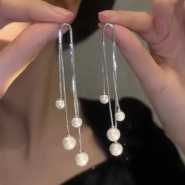 素 珍珠流苏流苏珍珠气质百搭 合金 耳环 女款