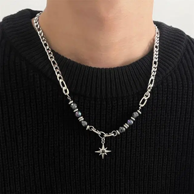 素 黑曜星芒嘻哈潮酷美式街头小众设计轻奢复古高级感卫衣毛衣链 钛钢 项链 男女同款情侣款