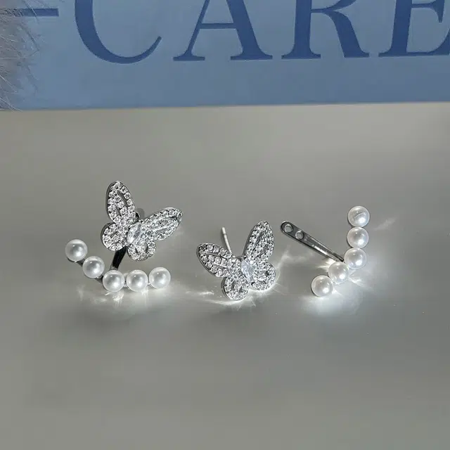 素 【爆闪】蝴蝶珍珠后挂式轻奢高级感一款两戴小众设计气质优雅 锆石 耳钉 女款